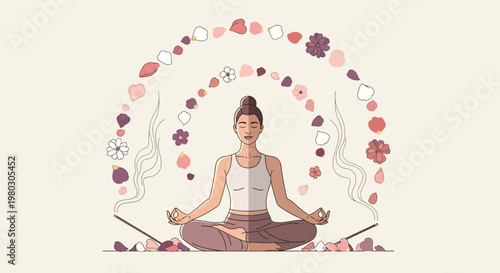 Woman Meditating in Lotus Pose Surrounded by Flowers, Symbolizing Peace and Serenity