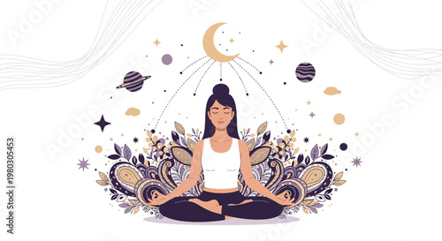 Woman meditating in lotus pose surrounded by celestial elements and floral decor