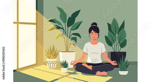 Woman meditating in lotus pose surrounded by houseplants, bathed in sunlight.