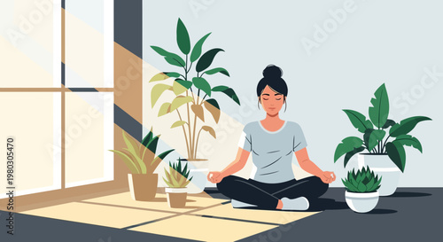 Woman meditating in lotus pose surrounded by houseplants, bathed in sunlight