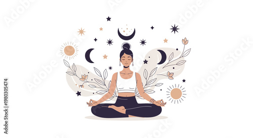 Woman meditating in lotus pose with celestial elements, moon, sun, stars, and leaves