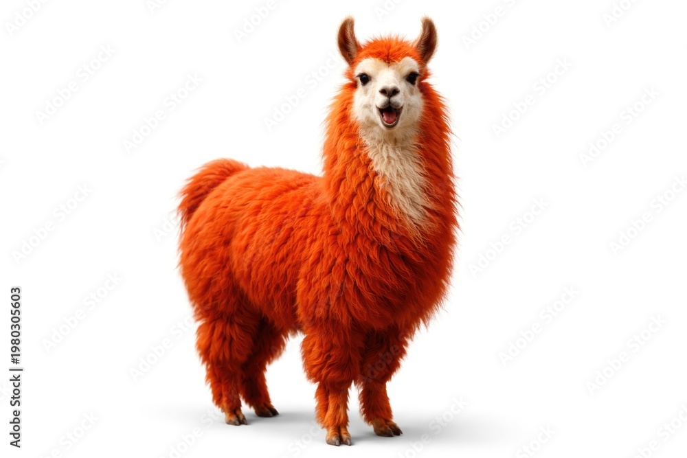Fototapeta premium A joyful llama with vibrant red fur standing on a clean white background