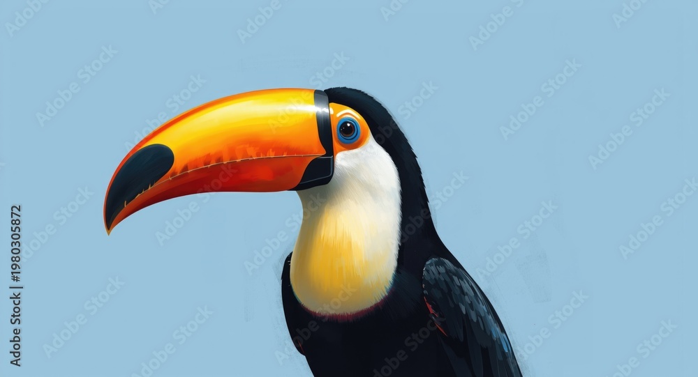 Fototapeta premium Expressive toucan drawing with bold colors and an emphasized beak set on a blue backdrop