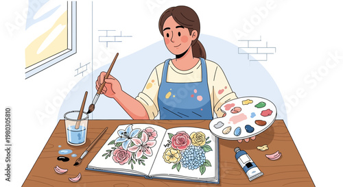 Woman painting flowers in sketchbook, art supplies, creative hobby, indoor scene