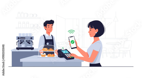 Woman paying with smartphone at coffee shop counter, contactless payment, NFC technology