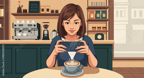Woman photographing coffee latte art in cafe with smartphone