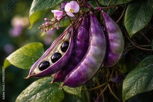 Close up view of hyacinth bean legume with detailed backdrop