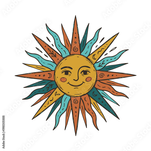 A doodle sun with a smiling face and colorful rays creates a cheerful emoji.