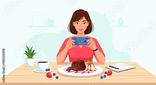 Woman photographing delicious chocolate lava cake with berries and ice cream on table