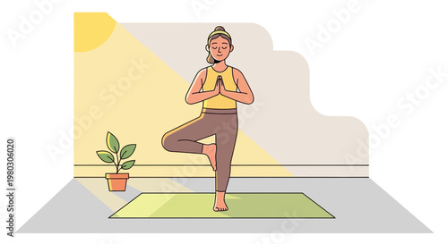 Woman practicing yoga tree pose (Vrksasana) indoors with sunlight and plant