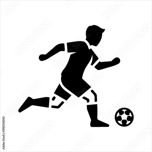 Silhouette of a soccer player dribbling the ball on a white background.