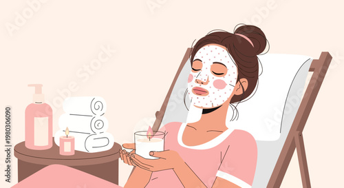 Woman relaxing with face mask, candle, and spa towels, self-care and beauty routine