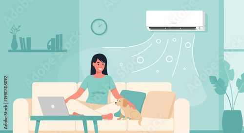 Woman relaxing with dog and laptop on sofa under air conditioner flow