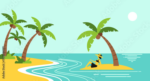 Woman Relaxing on Tropical Island Beach with Palm Trees and Ocean