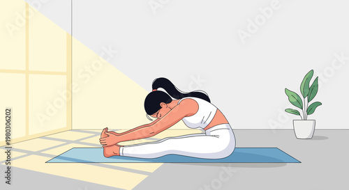 Woman stretching on yoga mat indoors, reaching for toes, sunlit room