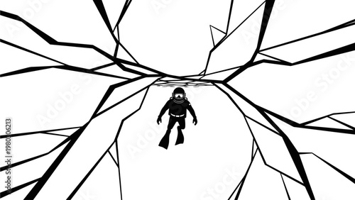A person wearing a spacesuit walks through a shattered glass portal with sharp fragments radiating outward in a monochromatic scene.