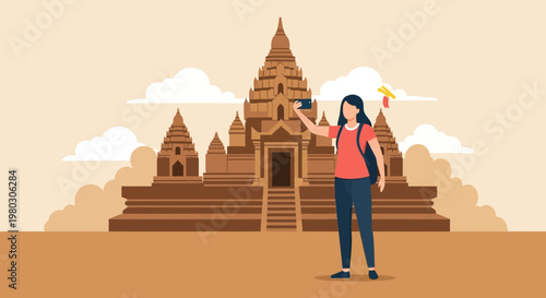 Woman taking a selfie in front of an ancient temple, travel and tourism concept