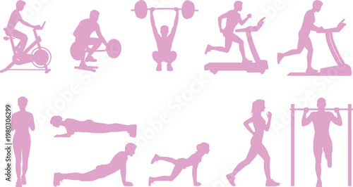 Pink fitness silhouettes, workout exercises, gym training, cardio, strength flat vector