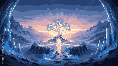Digital illustration of a glowing tree on a mountain with icy cliffs and a serene sunset in a fantasy landscape with a blue and orange color palette.