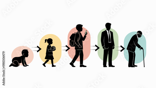Infographic illustration depicting the life stages of a person from infancy to old age in a horizontal sequence with colorful rounded background shapes.