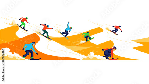 Illustration of skiers in various poses skiing down a vibrant orange slope with white snow and a plain white background.