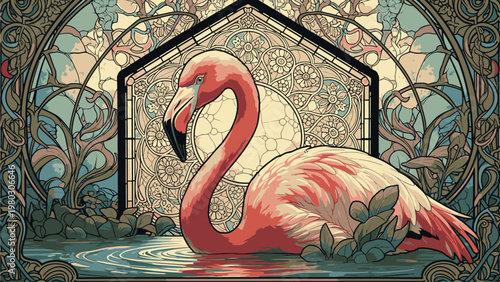 A pink flamingo is depicted in a stained glass style illustration, sitting in water with a house-shaped mosaic background.