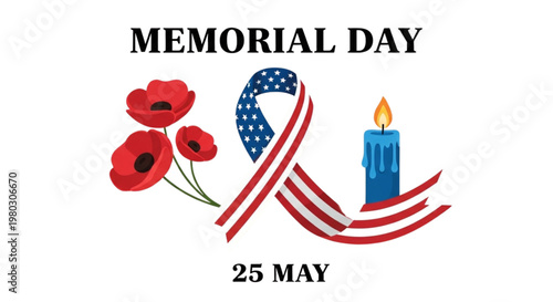 Memorial Day Remembrance: Poppies, Candle, American Ribbon for Patriotism, Grief, Honor, Veterans, Military Families