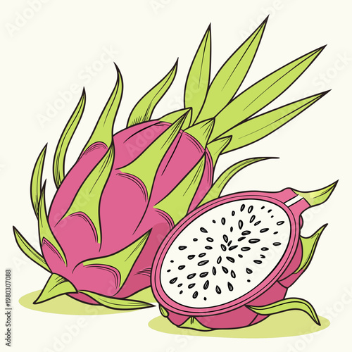 A pink dragon fruit with green leaves and one cut in half
