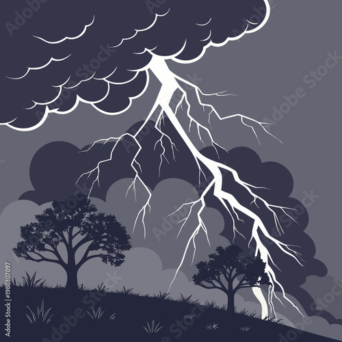 A lightning storm with clouds and trees on a hill