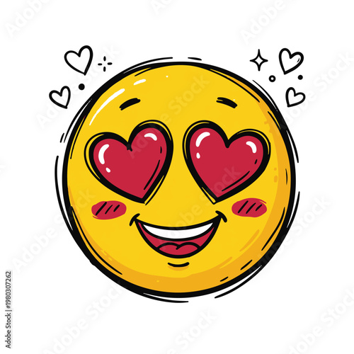 A doodle of a smiling emoji with heart eyes and rosy cheeks surrounded by sparkles and hearts