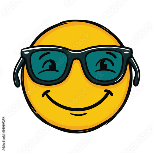 A doodle emoji face wearing sunglasses smiles cheerfully in a playful digital illustration.