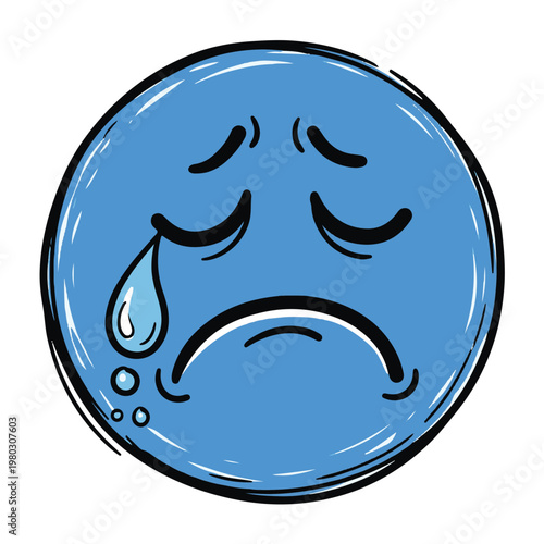 A blue doodle emoji with a sad face and a tear drop
