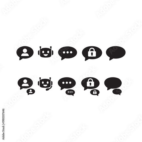Chat Speech Bubble Icon Set — User Bot Typing Secure and Message Bubble Collection for Messaging App and AI Communication Design