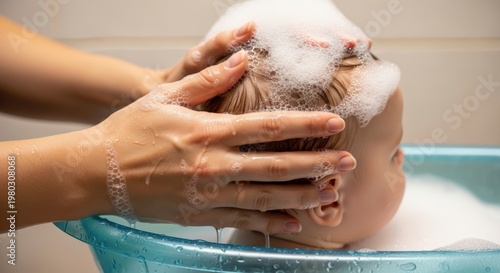 Woman washing her hair with shampoo.