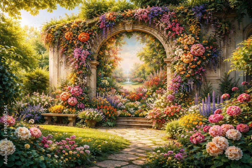 Fototapeta premium Vibrant floral wall art blending nature and architecture in a lush summer garden setting