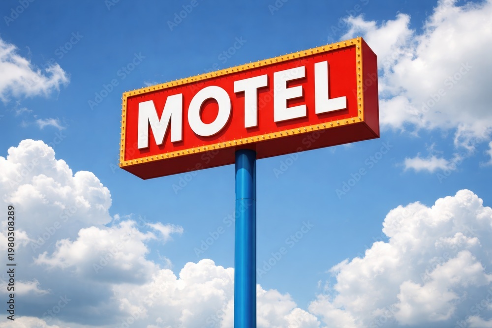 Fototapeta premium Rectangular motel sign in vibrant red perched on a tall electric blue pole under a bright sky with fluffy white clouds