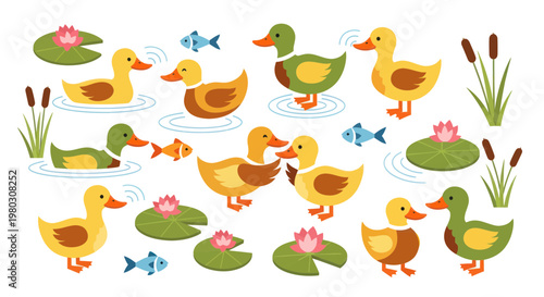 Cute Cartoon Ducks Swimming in Pond with Lily Pads and Fish