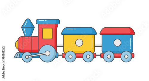 Colorful toy train with wagons, isolated on white background, flat design