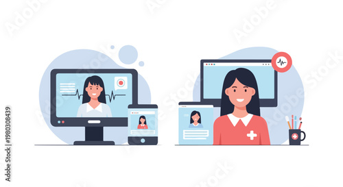 This flat vector illustration showcases online healthcare services with a female doctor visible on digital devices for remote medical assistance.