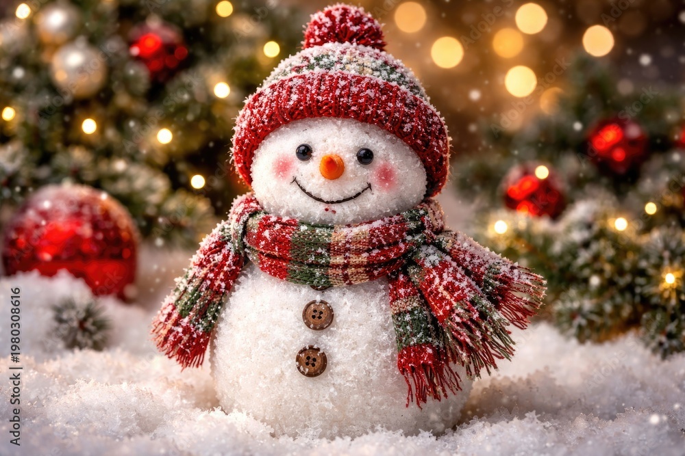 Fototapeta premium Adorable snowman figure smiling on a festive holiday background