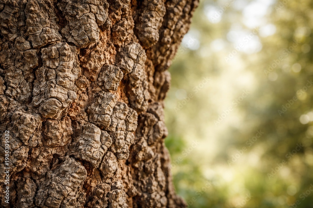 Fototapeta premium Natural cork oak bark texture background with soft daylight copy space