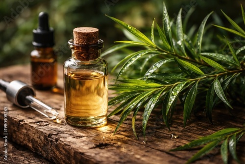 Fresh Tea Tree Branch with Essential Oil on Wood Surface