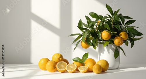 Sunlit indoor table display showcasing ripe citrus fruits and Volkamer lemon plant