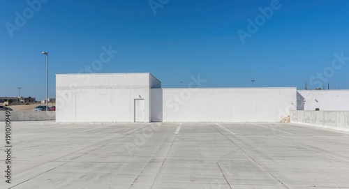 White building design with clear blue sky and empty concrete car park including copy space