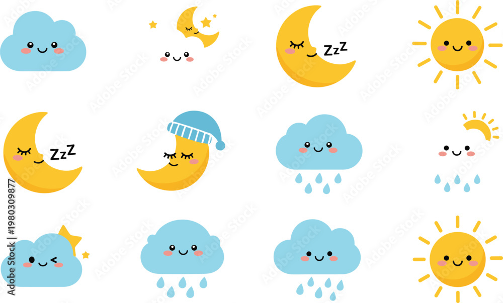 Fototapeta premium Cute weather characters vector set with sun moon clouds rain and night elements cartoon kawaii illustration collection