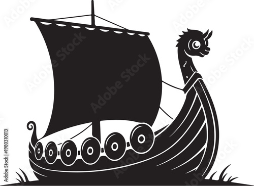 Viking ship, black silhouette, dragonhead boat, sail vessel, nautical icon