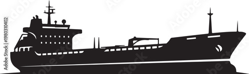 Cargo ship, vessel silhouette, black boat icon, maritime symbol