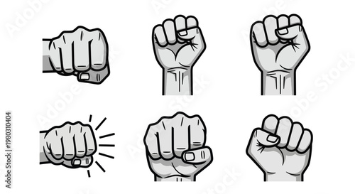 Set of six fist gestures in various expressions and actions