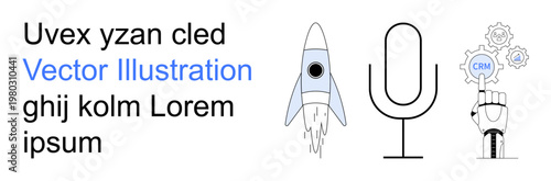 Innovation, communication, teamwork, technology, business solutions, project management. Rocket, microphone and gears with CRM. Innovation and communication highlighted for business solutions