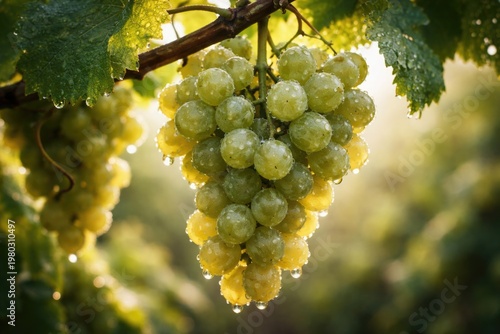Detailed close-up of ripe grapes hanging on a vine with morning dew